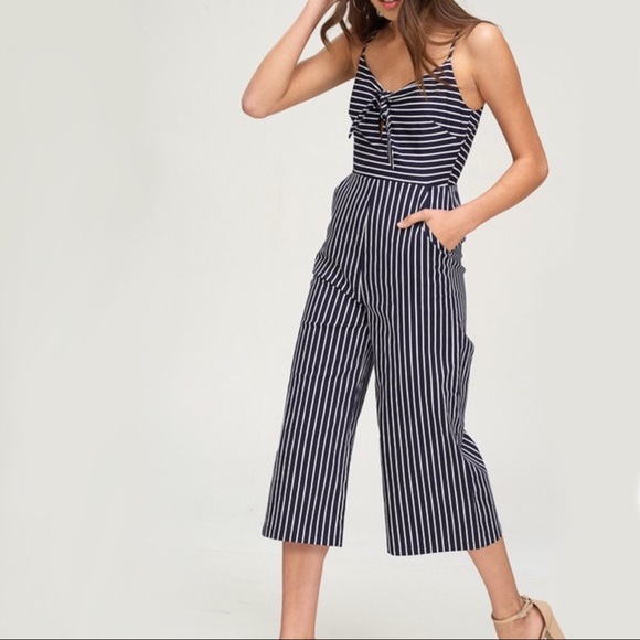 SALE! Navy Striped Wide Legged Crop Jumpsuit Capri - Picture 3 of 6